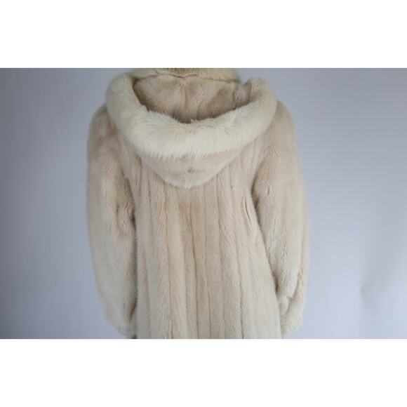 Vintage Ivory Mink Fur Long Hooded Winter Coat Full Plush Luxury Warm Size S - Picture 11 of 16